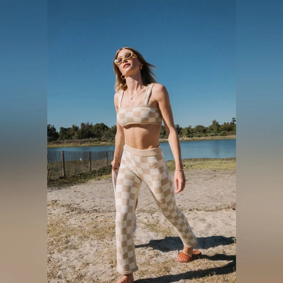 Belle the Label Checkered Knit Crop Top and Pant in Sand - Picture 2 of 14
